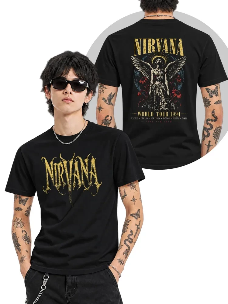 Карточка NAPRIKOLE: принты Nirvana World Tour спереди и сзади чёрной футболки